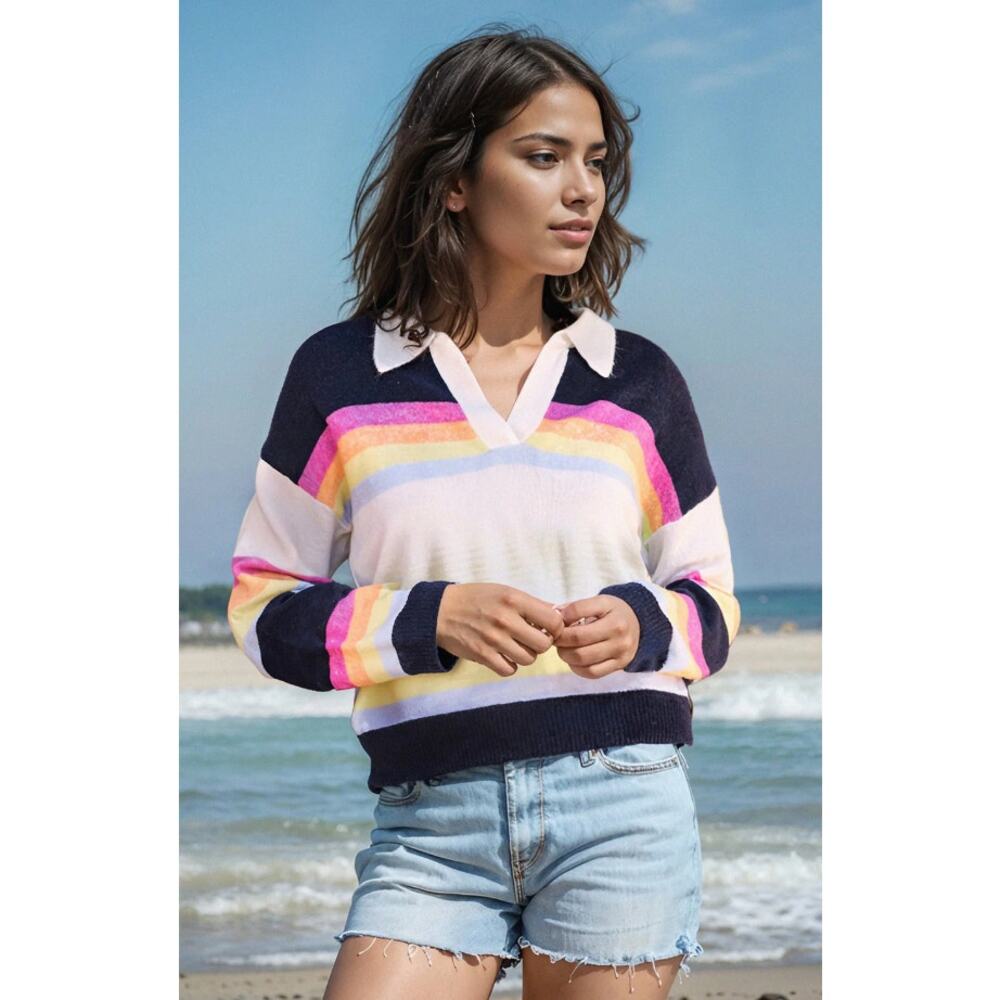 Sundry Women's Striped Johnny Collar Wool Blend Sweater Size Small Sporty Preppy